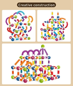 Detailed view of colorful magnetic building set with tubes and spherical connectors