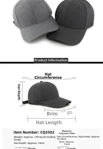 Detailed size chart for baseball cap featuring adjustable strap and material specs