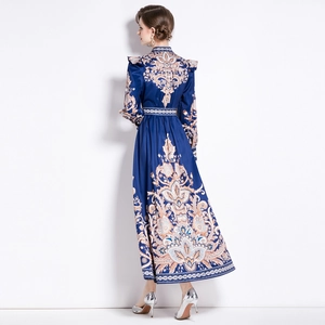 Vintage paisley print V-neck maxi dress with lantern sleeves and belted waist silhouette