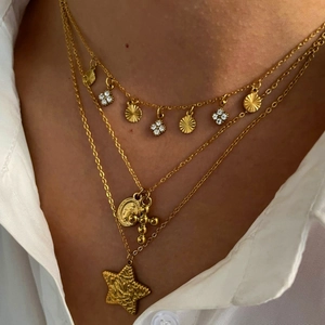 Gold layered stainless steel necklace with star, cross and Virgin Mary coin pendants