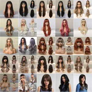 Detailed catalog showing diverse long straight and wavy wigs with various gradient hair colors