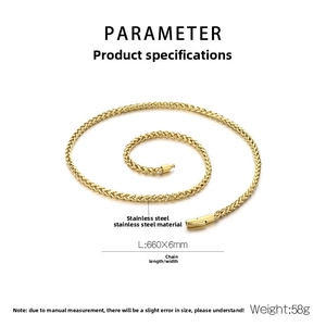 Detailed specs of 6mm gold stainless steel wheat chain necklace with 660mm length and 58g weight