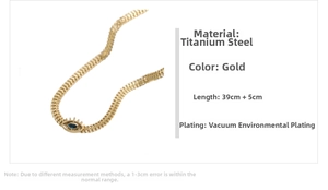 Detailed view of gold snake chain necklace with blue eye pendant and 39cm length specs