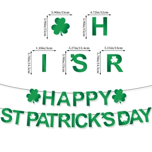 St. Patrick's Day banner with green clover and lucky letters, 15cm height size guide