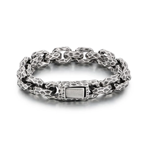 Retro vintage hammered steel bracelet for men with distressed silver finish and square clasp