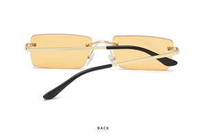 Rear view of rimless square sunglasses with yellow gradient lenses and golden temples