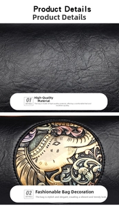 Detail view of black pebble leather with an embossed elephant emblem and colorful enamel