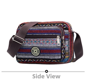Detail view of ethnic striped canvas shoulder bag with dual zipper pockets and star emblem