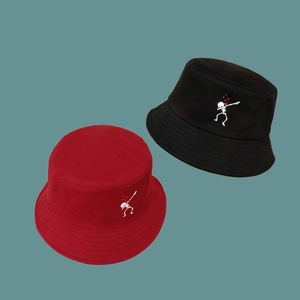 Japanese style fisherman bucket hat featuring heart and skeleton embroidery in red and black