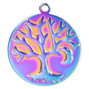 Rainbow stainless steel round tree of life and moon pendant necklace with 50cm chain