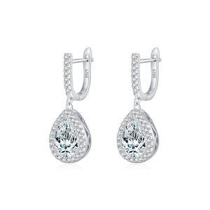 Elegant S925 sterling silver drop earrings with pear-shaped stones and halo setting