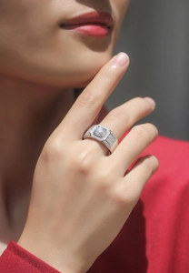 Detailed view of 925 sterling silver men's ring with micro-pave moissanite settings