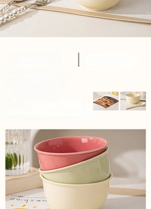 Detailed macro view of colorful thick ceramic rice bowls with smooth underglaze finish