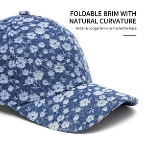 Floral print denim baseball cap with wide foldable brim for sun protection