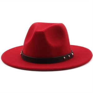 Classic wide brim red fedora hat with a studded black leather belt decoration