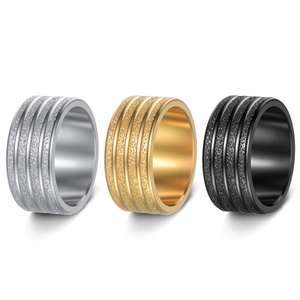 Men Fashion 304 Stainless Steel Ring Frosted Triple Striped Textured Wide Band Gold Silver Black Finger Ring Jewelry
