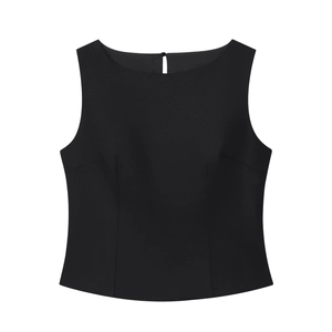 Top senza maniche da donna in lino nero con chiusura a bottone sul retro e collo rotondo