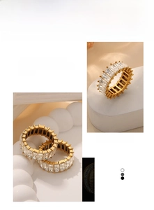 Detailed macro view of gold-plated eternity ring with baguette-cut zircon stones