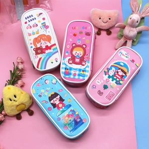 Detailed view of four colorful cartoon pencil cases with cute girls and bear patterns