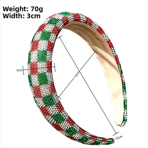 Detail view of colorful rhinestone headband with 3cm width and 70g weight measurements