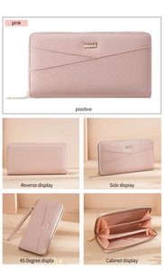 Pink lychee texture PU leather long wallet with multi-angle views and interior slots