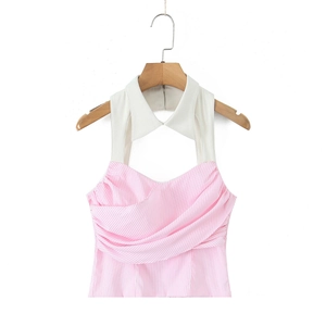 Detail of pink and white striped halter top with white collar and pleated fabric