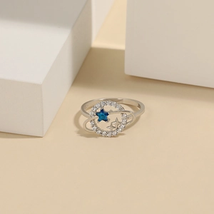 925 Sterling Silver Planet Star Ring Blue Stone Zircon Minimalist Galaxy Jewelry Fashion Accessory For Women