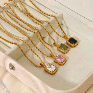 Elegant 18K gold plated twisted chain necklace with colorful rectangular zircon pendants