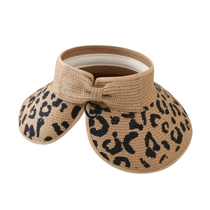 Women's leopard print straw sun visor with bow tie and adjustable elastic strap