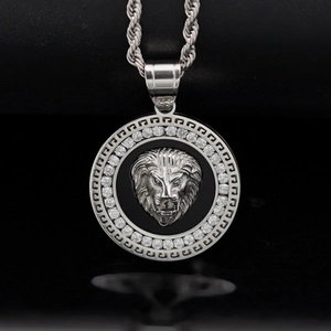 Hiphop style silver 316L stainless steel lion head pendant necklace with shiny zircons