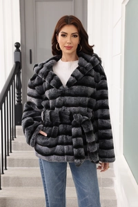 Detail view of striped faux fur coat with thick hood and matching waist belt