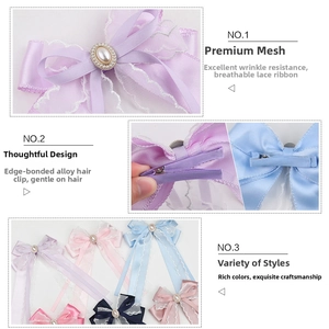 Detail view of lace bow hair clips with pearls and breathable mesh fabric texture