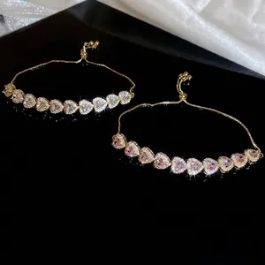 Heart Shaped Zircon Bracelet For Women Copper Adjustable Bolo Chain Pink White Stone Luxury Fashion Jewelry Gift
