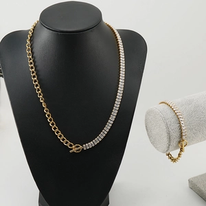 18K gold plated stainless steel tennis chain jewelry set with cubic zirconia and OT toggle clasp