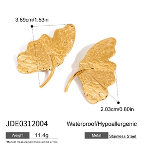 Detailed size specifications for gold ginkgo leaf earrings in stainless steel