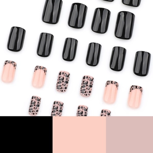 Short square leopard print press-on nails set with glossy black and french tip designs