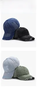 Detailed display of vintage washed denim baseball caps with 3D letter embroidery in four colors