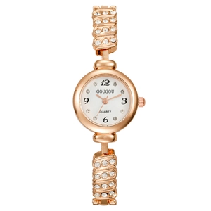 Elegant rose gold rhinestone quartz watch for women with Arabic numerals on white dial