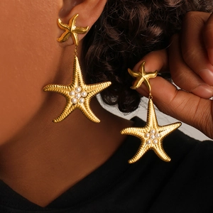 18K gold plated stainless steel starfish earrings with pearl clusters ocean jewelry