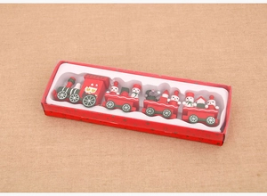 Detailed top view of a red 4-section wooden Christmas train with snowman and tree motifs
