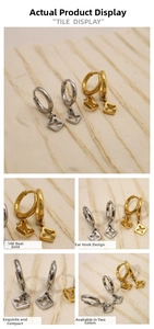 Detail display of 14K gold-plated clover earrings in gold and silver finishes