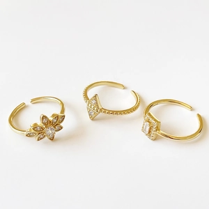 925 Sterling Silver Rings For Women Gold Plated Cubic Zirconia Adjustable Open Ring Geometric Flower Minimalist