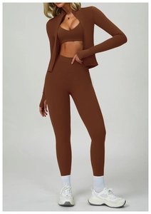 Completo yoga 3 pezzi color caffè con giacca zip, reggiseno sportivo e leggings a vita alta