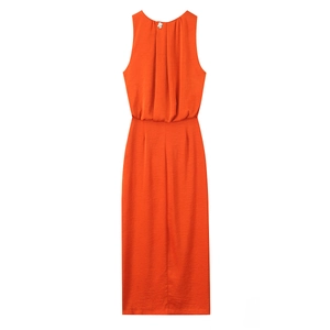 Detail view of the pleated waist design and fabric texture on a sleeveless orange midi dress