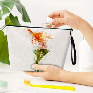 White canvas makeup bag with colorful geometric dancer print and black handle for outdoor use