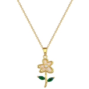 Elegant gold-tone flower necklace with pink shell petals and green gemstone leaves