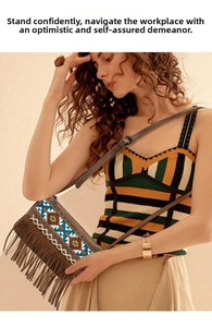 Detail of brown leather crossbody bag featuring long tassels and ethnic woven pattern