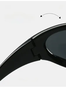 Detail of durable texture hinge structure on black Y2K millennium style sports sunglasses