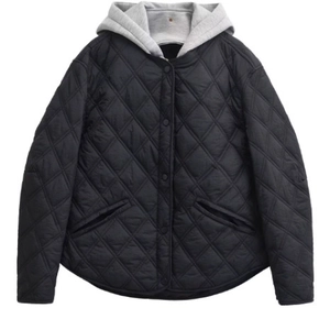 Women's black quilted hooded jacket with grey hood and diamond pattern on white background