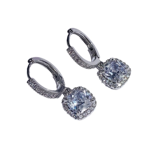 Elegant silver hoop earrings with cushion-cut square zircon drops and pave accents